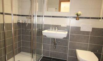 A modern bathroom with a shower cabin and white sanitary fixtures. The floor is tiled in dark colors and there is an additional towel on the floor.
