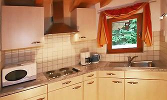 A modern kitchen with wooden cabinets and a granite countertop. A window offers a view of the greenery and various kitchen appliances are available.