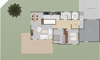 A floor plan representation of a house with multiple rooms, including a kitchen, living room, and bedroom. The outdoor area features a terrace and a tree.