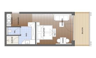 A floor plan of an apartment with a living room, bedroom, bathroom, and balcony. The kitchen is separate and located near the entrance.
