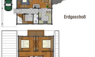 An architectural floor plan with two levels.  
Above is the ground floor with a living area and kitchen,  
below is the attic with bedrooms.