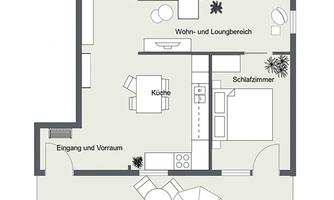 A simple floor plan sketch of an apartment with several rooms. It shows the living room, the kitchen, the bedroom, access to the veranda, and a parking space.