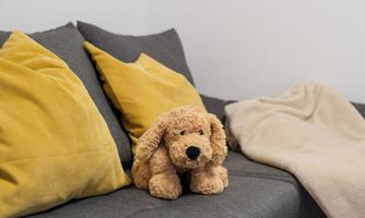 A soft, plush toy dog sits on a gray sofa. The cushions are yellow, and a blanket lies beside it.