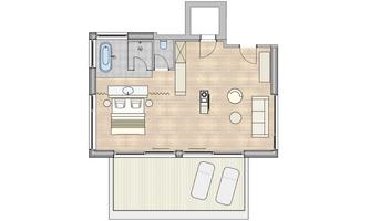 A simple floor plan of an apartment. The plan shows a living area, a bathroom, and a covered outdoor area with two cars.