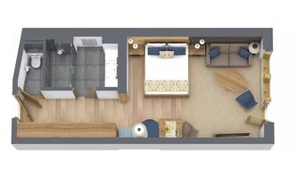 An elegant room layout with a bedroom, a bathroom, and a living area. Bright colors and modern furniture create an inviting atmosphere.