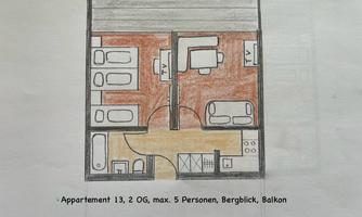 A sketched floor plan of an apartment with two bedrooms and a living area. It accommodates up to five people and features a balcony with mountain views.