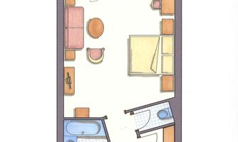 A simple floor plan drawing of an apartment. The rooms include a living room, a bedroom, and two bathrooms.