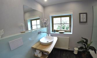 A modern bathroom with a round sink and a large mirror. There is a window looking outside and a decorative plant in the corner.