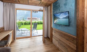 A modern room with wooden walls and a large window overlooking a green meadow. The room is equipped with a television and a desk.