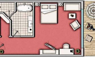 A cozy apartment with one bedroom, one bathroom, and a living room. The outdoor area features a terrace with a sun umbrella.