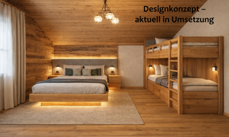 A cozy bedroom with a large bed and a wooden bunk bed. Warm colors and an inviting atmosphere create a relaxed environment.