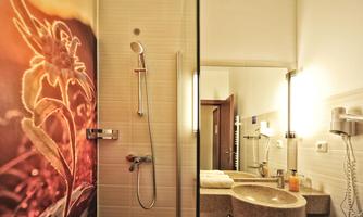 A modern bathroom with a shower and a large mirror. On the wall, there is a decorative picture of a plant.