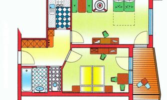 A simple floor plan of an apartment with various rooms. The layout shows a living room, kitchen, bedroom, and bathroom.
