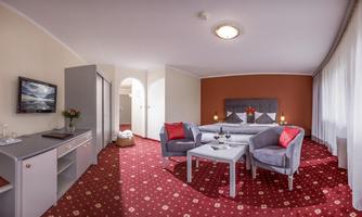 A stylish hotel room with a cozy seating area and a modern bed. The room is bright and inviting, with carpet flooring and beautiful decorations.