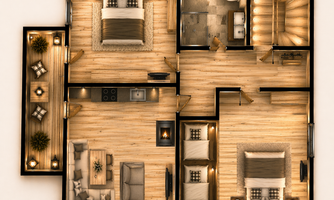 A modern living layout with multiple rooms, including a living area, a kitchen, and sleeping quarters. The decor is bright and inviting, with wooden elements and cozy details.  
Bedroom 1 with double bed  
Bedroom 2 with double bed and bunk bed with 2 single beds  
Living area couch is expandable.