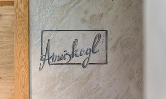 An engraved sign with the name "Amizkogl" on a textured wall. The combination of wood and concrete creates a modern atmosphere.