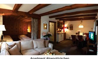A cozy apartment with wooden beam ceiling and two sleeping areas. In the background, a kitchenette and a dining area are visible.
