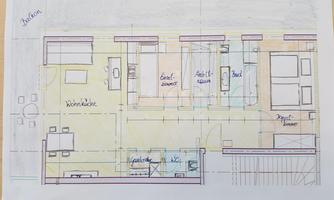 A floor plan of an apartment with different rooms such as living room, bedroom, and kitchen. The drawing shows the arrangement and size of the rooms.
