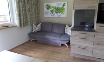 A cozy living room with a gray sofa and a wooden table. A picture of plants hangs on the wall, and there is a modern kitchen corner.