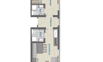 A modern floor plan drawing of an apartment with two bedrooms, an open kitchen, and a living room. The overview shows the arrangement of the rooms and the window positions.