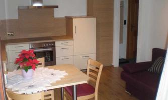 A modern kitchen with a dining table and wooden chairs. In the background, there is a sofa and there are a few decorative plants.