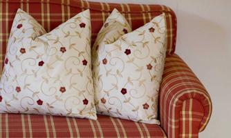 A cozy sofa with checked fabric and two decorative cushions. The cushions are white with a floral pattern and red details.
