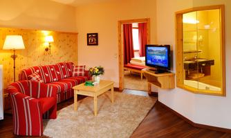 A cozy living room with a red sofa and a television. In the background, a sleeping area and a bathroom are visible.