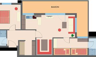 An apartment floor plan drawing with several rooms, a balcony, and two bathrooms. The rooms are outlined with furniture and fixtures.