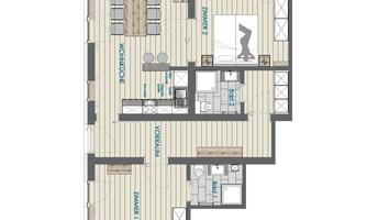 The image shows a floor plan of an apartment with several rooms and living areas. The living room, kitchen, and bedrooms are visible, each with their labels.