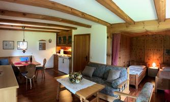 A cozy living space with wooden ceilings and rustic furniture. The kitchen is open and a table invites you to eat.