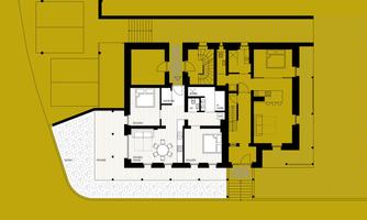 A floor plan of a modern house with several rooms. The design features an open living space and a terrace.