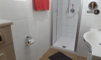 A modern bathroom with a shower and a sink. A red towel and a black rug complement the decor.