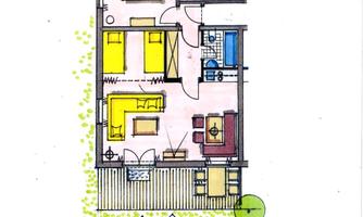 An apartment in the floor plan with various rooms. The design shows a living room, bedroom, and a terrace.