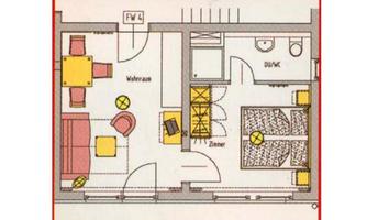 A simple floor plan diagram of an apartment with a living room, bedroom, and bathroom. The rooms are marked with colors and symbols.