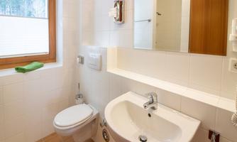 A modern bathroom with a sink, a toilet, and a large mirror. There is plenty of daylight through the window and a green towel roll on the shelf.