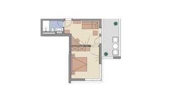 A clear floor plan sketch of an apartment with two bedrooms, a bathroom, and a living area. A balcony is indicated on the right side.