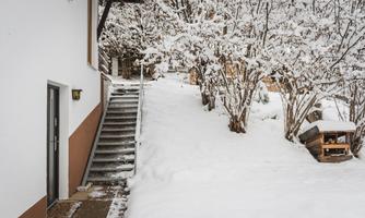 A snowy garden with a path and a staircase. In the background, snow-covered trees can be seen.
