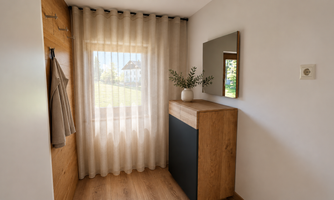 A bright hallway with a window and a curtain. In the corner stands a wooden cabinet with a plant and a mirror.