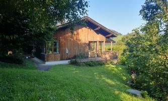 A cozy wooden house surrounded by green grass and trees. The sun is shining on the terrace and the windows.