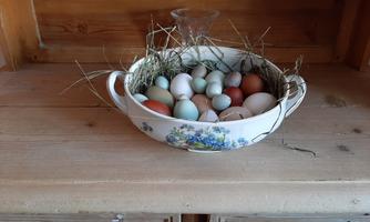 A bowl of colorful eggs is placed on a wooden table, surrounded by hay. The colored eggs display various pastel shades and a rustic design.