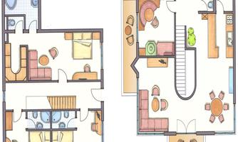 A floor plan with two levels of a house. The upper image shows the living area and the kitchen, while the lower image depicts the bedrooms and the bathroom.