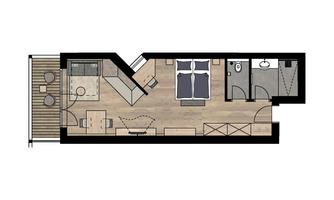 A modern floor plan drawing of an apartment. It shows a bedroom, a small kitchen, a bathroom, and a living area.