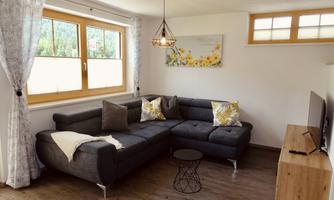 A modern living room with a comfortable gray sofa and decorative cushions. Large windows provide plenty of daylight and a welcoming atmosphere.
