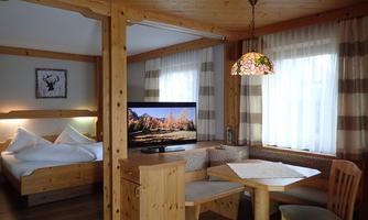 A cozy room with wooden paneling and large windows. There is a double bed, a dining table, and a television.