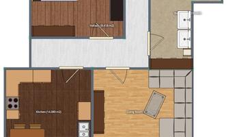 A floor plan of an apartment with one bedroom, one bathroom, a kitchen, and a living room. A green area is marked on the balcony.