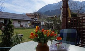 A beautiful table with a pot full of orange tulips is outside. In the background, mountains and a well-kept garden can be seen.