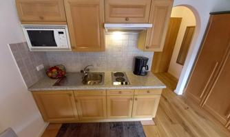 A cozy kitchen with wooden cabinets and modern equipment. The work surface is equipped with a sink and a small stove.
