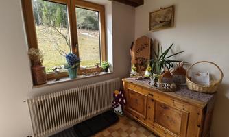 A cozy room with a wooden cabinet and plants on the windowsill. A green landscape is visible through the windows.