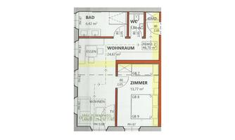 A schematic representation of a floor plan with various rooms. Visible are the bathroom, a living room, a dining area, and additional rooms with their respective area specifications.