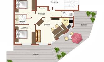 A simple floor plan drawing of an apartment. It shows a living room, a kitchen, two bedrooms, a bathroom, and balconies.